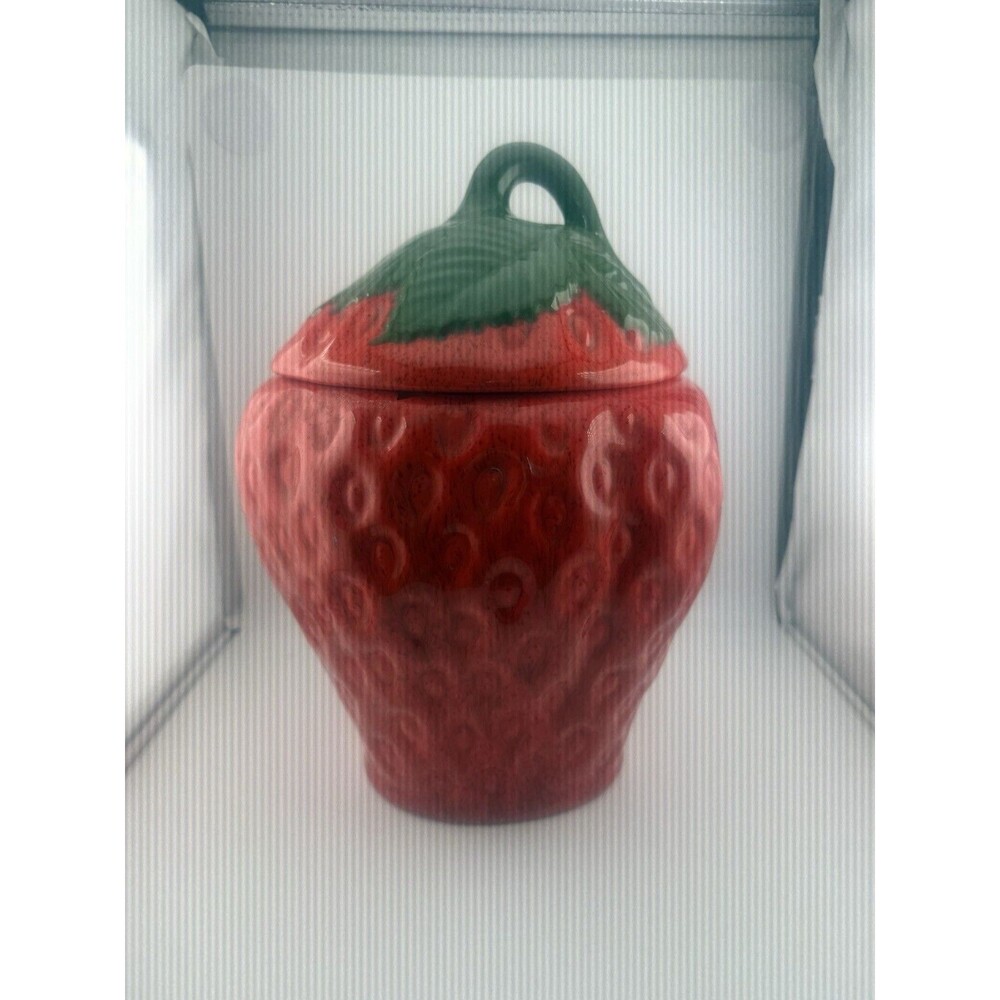 Vintage Red Strawberry Shaped Cookie Jar Canister w/ Leafy Lid 11” tall READ